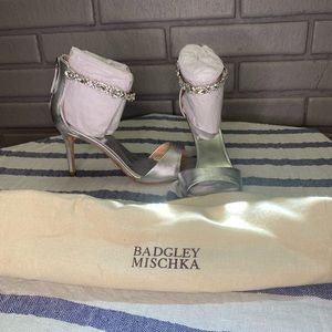 Badgley Mischka silver heels with crystal ankle straps